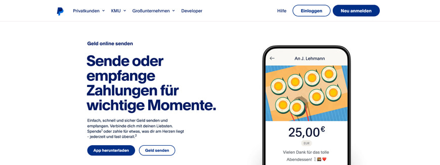 Die Webseite des Zahlungsdienstleisters PayPal.