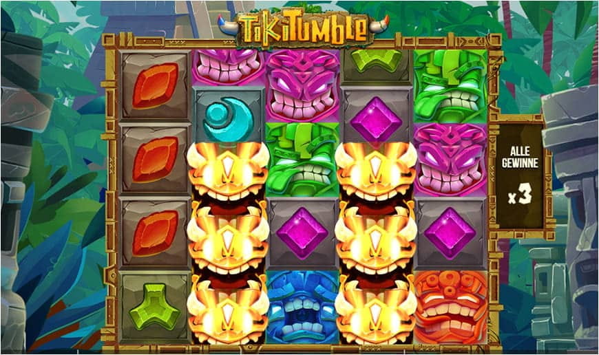 Mit den unheimlichen Goldmasken werden die Freispiele beim Tiki Tumble Slot ausgelöst.