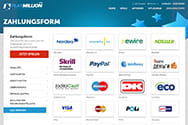 Die Liste mit den akzeptierten Zahlungsmethoden bei PlayMillion